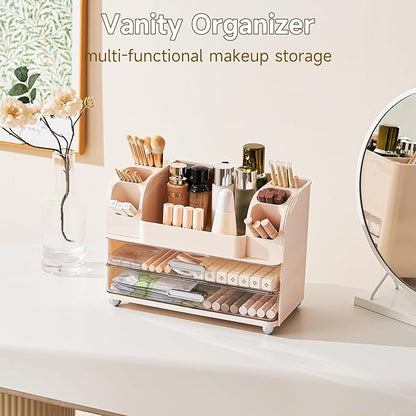 Makeup Organizer for Vanity with 2 Large Drawers, Cosmetic Display Case with Brush Holders, Easy to Storage for Bathroom Countertop Skincare, Desk Office Supplies, Cream White