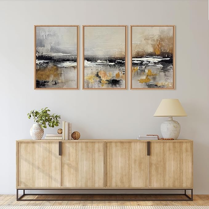 HOURIA Abstract Neutral Brown Tan Canvas Framed Wall Art Set,Textured Grunge Beige Wall Decor,Minimalist Black White Brush Stroke Artwork,Pastel Minimal Zen Print for Living Room,Bedroom-16 x24 x3