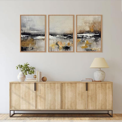 HOURIA Abstract Neutral Brown Tan Canvas Framed Wall Art Set,Textured Grunge Beige Wall Decor,Minimalist Black White Brush Stroke Artwork,Pastel Minimal Zen Print for Living Room,Bedroom-16 x24 x3