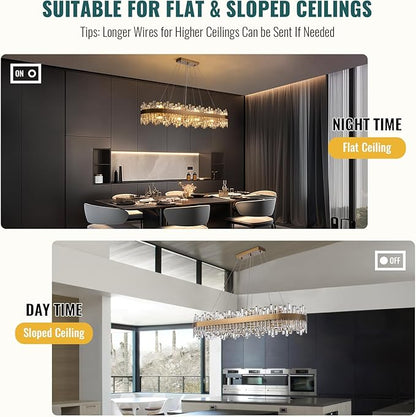 Siljoy Modern Crystal Chandelier, 20-Light Luxury Rectangular Brushed Gold Crystal Chandelier Lighting, Large Oval 2-Tier K9 Crystal Pendant Ceiling Light for Dining Living Room Kitchen Island, L52''