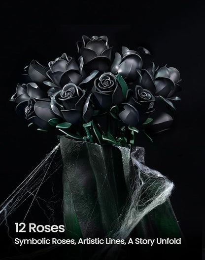iATOM Black Rose Bouquet Building Set, Compatible with Lego Flowers for Adults - Halloween Artificial Flowers Kit, Gothic Horror Retro Botanical Collection Home Decor - IA11001