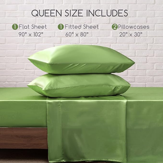 MR&HM Satin Bed Sheets, Queen Size Sheets Set, 4 Pcs Silky Bedding Set with 15 Inches Deep Pocket for Mattress (Queen, Sage)