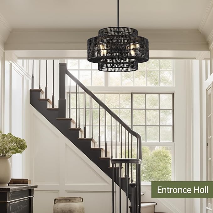 4-Light Black Boho Rattan Chandelier Light Fixture, 17.7” Hand Woven Rustic Chandeliers Farmhouse Chandelier Hanging Light for Dining Room Kitchen Island, Living Room, Foyer