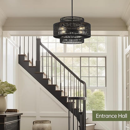 4-Light Black Boho Rattan Chandelier Light Fixture, 17.7” Hand Woven Rustic Chandeliers Farmhouse Chandelier Hanging Light for Dining Room Kitchen Island, Living Room, Foyer