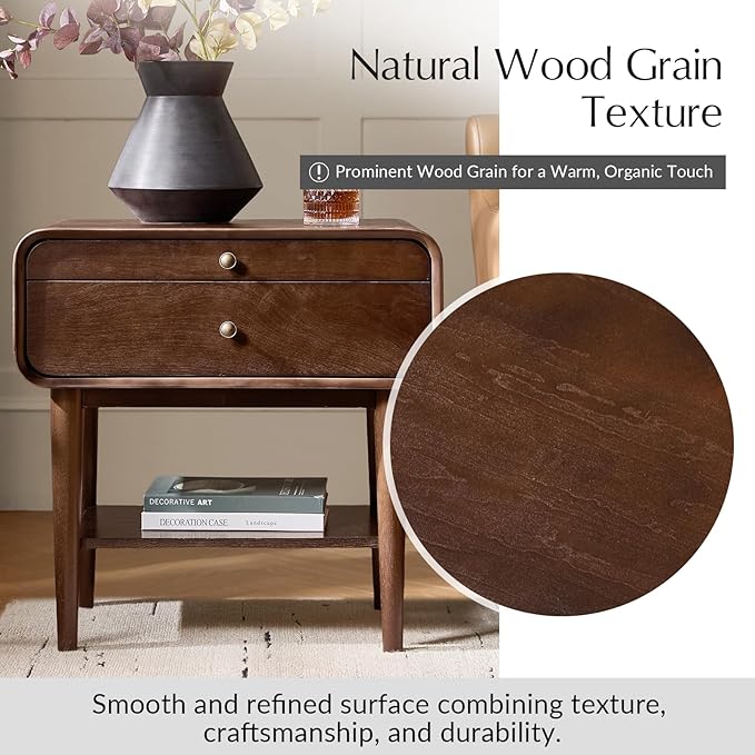 HULALA HOME Nightstand with Pull-Out Shelf, Mid Century Modern End Table with Storage Drawer, Charging Station, Solid Wood Legs, Walnut