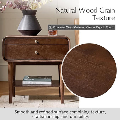 HULALA HOME Nightstand with Pull-Out Shelf, Mid Century Modern End Table with Storage Drawer, Charging Station, Solid Wood Legs, Walnut