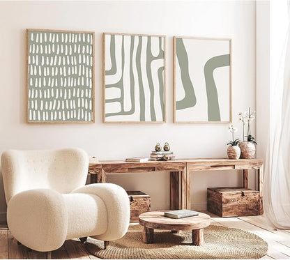 Minimalist Neutral Wall Art Decor Sage Green Boho Canvas Poster Abstract Modern Painting Wall Art Mid Century Beige Pictures Prints Gallery Line Wall Art for Bedroom 16x24 Inch Unframed Set of 3