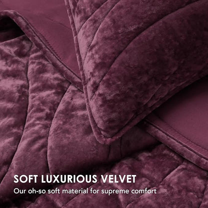 EVERGRACE Luxury Velvet Quilt King Size, Ultra Soft Wave Crushed Velvet Bedding Set, Lightweight Quilted Comforter Set for All Season, Oversized Bedspread Coverlet with 2 Shams, Mauve Purple
