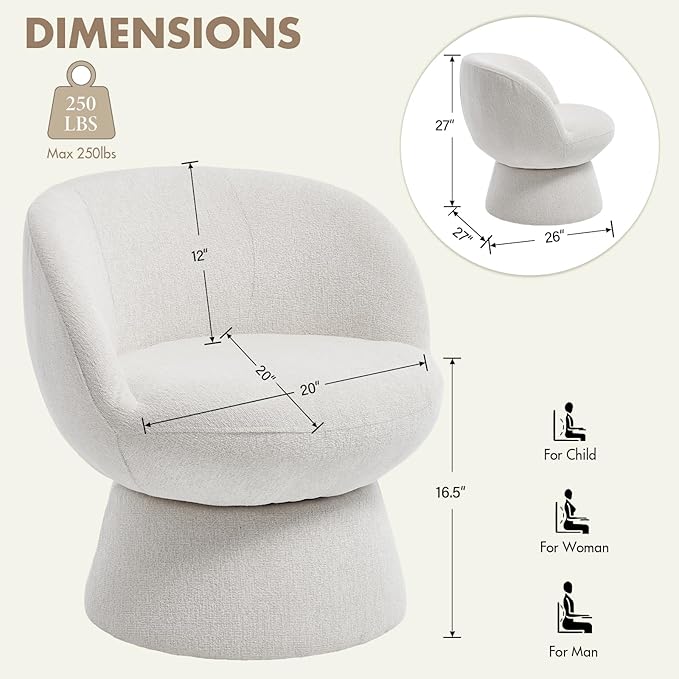 360° Swivel Accent Chair with Curved Back, Modern White Chenille Upholstered Round Barrel Chairs, Vanity Chair, Bucket Armchair for Small Space,Living Room, Bedroom