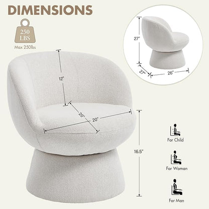 360° Swivel Accent Chair with Curved Back, Modern White Chenille Upholstered Round Barrel Chairs, Vanity Chair, Bucket Armchair for Small Space,Living Room, Bedroom