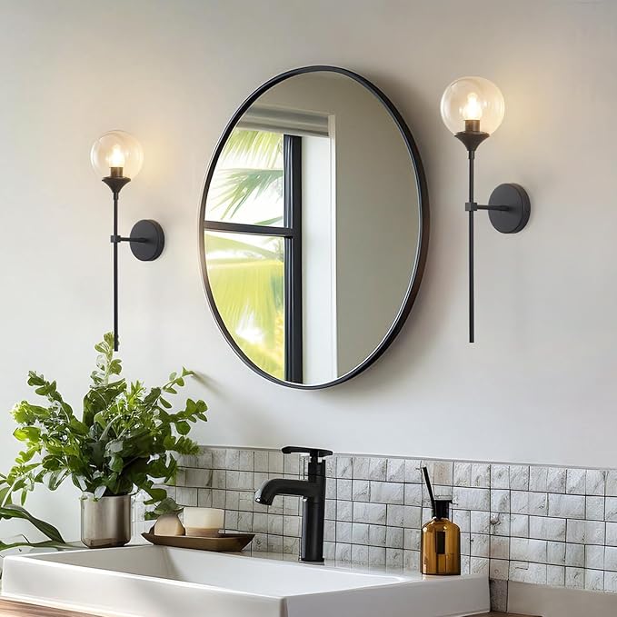 KCO Lighting Amber Glass Globe Wall Sconce Black Slim Long Arm Wall Lamp Mid Century Modern Wall Mounted Reading Light for Bedside Stairs Bathroom Mirror