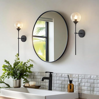 KCO Lighting Amber Glass Globe Wall Sconce Black Slim Long Arm Wall Lamp Mid Century Modern Wall Mounted Reading Light for Bedside Stairs Bathroom Mirror