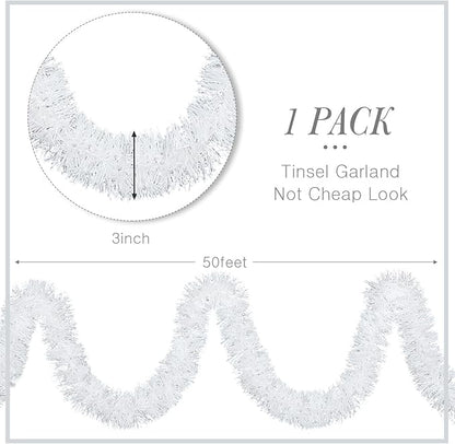 WILLBOND 50 ft Christmas Tinsel Garland Metallic Tinsel Twist Garland Christmas Tree Decorations New Year Wedding Birthday Hanging Decorations Party Supplies, 3 Inch(White)