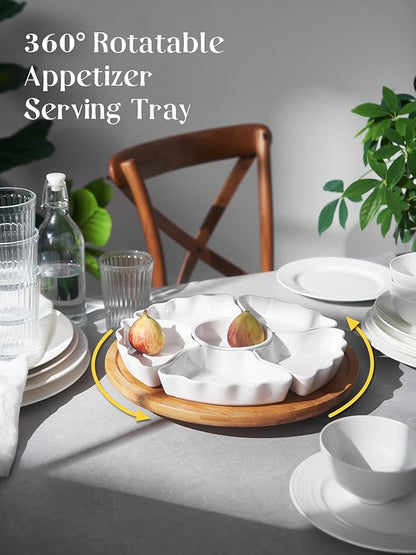 DOWAN 360° Rotatable Serving Platters, 12 Inch Divided Serving Bowls for Party, Kitchen Decor, Removable Serving Dishes for Chips and Dip, Fruit, Veggies, Candy and Snacks, 7 Pieces, White
