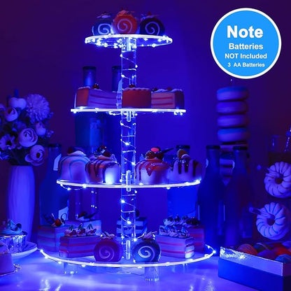 YestBuy 4 Tier Round Cupcake Stand – Premium Cupcake Holder – Acrylic Cupcake Tower Display- Cady Bar Party Décor + LED Light String – Ideal for Weddings, Birthday Parties & Events (Blue)