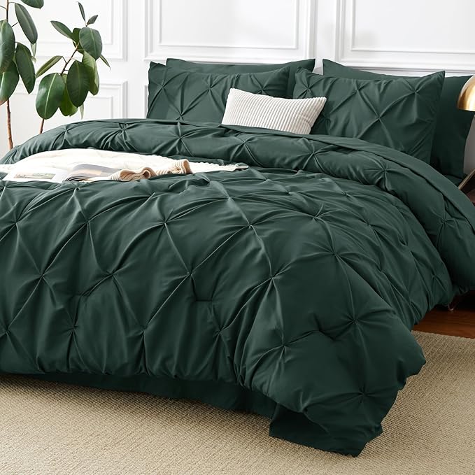CozyLux Full Size Comforter Sets Forest Green, 7 Pieces Bed in A Bag Green Comforter Full Size, Pinch Pleat Bedding Sets with All Season Comforter, Sheets, Pillowcases & Shams