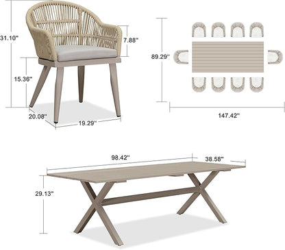 PURPLE LEAF 11 Pieces Patio Dining Set with Outdoor Aluminium Dining Table and Woven Rattan Chairs Modern Metal Furniture Cushions Sets for Garden Yard Indoor Decor Kitchen Champagne