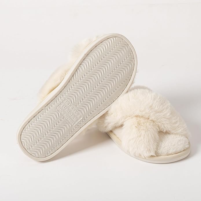 Women's Slipper Memory Foam Cross Band Fuzzy Slippers Open Toe Cozy House Slippers Cozy Plush Bedroom Indoor Outdoor