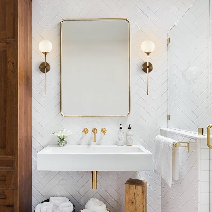 KCO Lighting Modern Milk Glass Wall Mounted Light Gold Long Sconces Wall Lighting Globe Ball Round Wall Lamp Bathroom Bar Stairway Wall Light Fixture Brushed Brass Wall Sconce