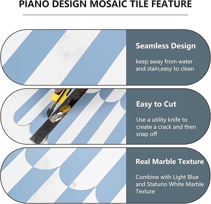 Vamos Tile Peel and Stick Backsplash Seamless Tile,10-Sheets Stick on Backsplash for Kitchen and Bathroom,Light Blue and Statury White PVC Self Adhesive Mosaic Tiles