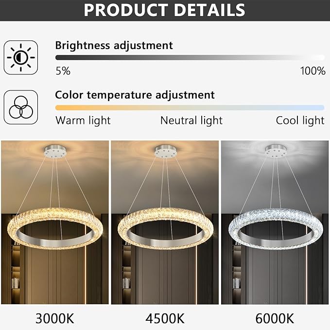 24" Ring Modern LED Dimmable Crystal Chandelier Adjustable Height Pendant Light Round Crystal Chandelier Light Fixtures for Dining Room Living Room Kitchen Island Silver