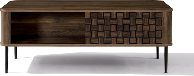LuxenHome Coffee Table with Storage, 47" Mid Century Modern Wood Coffee Tables for Living Room, Dark Oak with Basket Weave Design 1-Sliding Door Wooden Center Table with Open Shelf