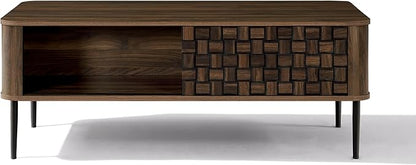 LuxenHome Coffee Table with Storage, 47" Mid Century Modern Wood Coffee Tables for Living Room, Dark Oak with Basket Weave Design 1-Sliding Door Wooden Center Table with Open Shelf