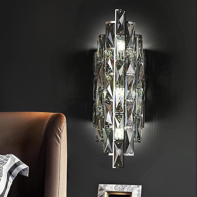 Crystal Modern Wall Sconces, Smoky Gray Wall Light Fixture for Luxury Indoor, K9 Vanity Wall Lighting for Bedside Bedroom Bathroom Living Room Doorway