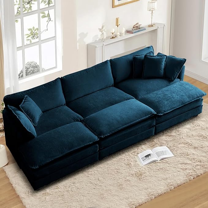 SoarFlash Chenille Sectional Sofa, Comfy Modular Coush Sofa with Ottoman, Modern 3 Seat Recliner Deep Seat Sofa Set for Living Room,Deep Blue