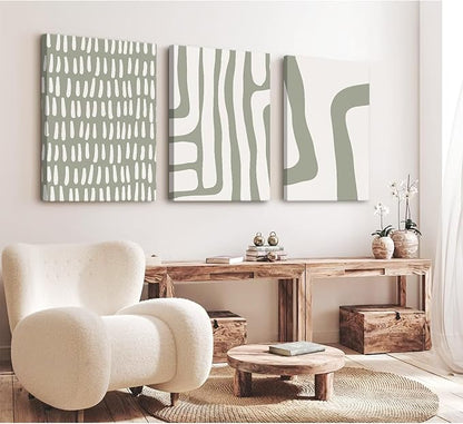 Minimalist Neutral Wall Art Decor Sage Green Boho Canvas Poster Abstract Modern Painting Wall Art Mid Century Beige Pictures Prints Gallery Line Wall Art for Bedroom 16x24 Inch Wrapped Canvas Set of 3