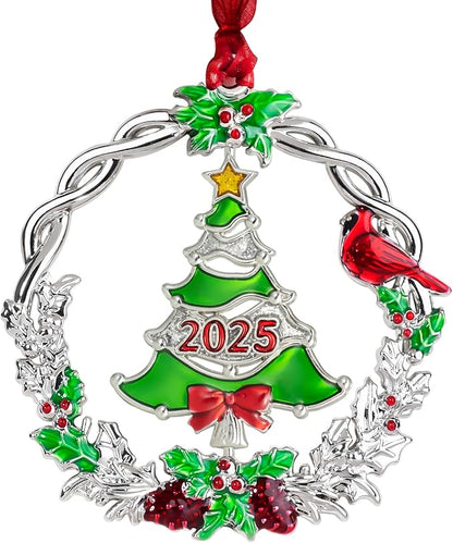 Christmas Tree Ornament Metal Silver Hanging Rotatable Design Charm Holiday Decorative Pendant Gift Keepsake (2025 Joy)