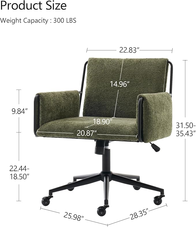 Rowill Modern Office Chair, Swivel Desk Chair, Green Boucle Fabric, Adjustable Height, 300 LBS Capacity, Wheels, Arm Rest, Perfect for Home Office, Bedroom, Makeup Room