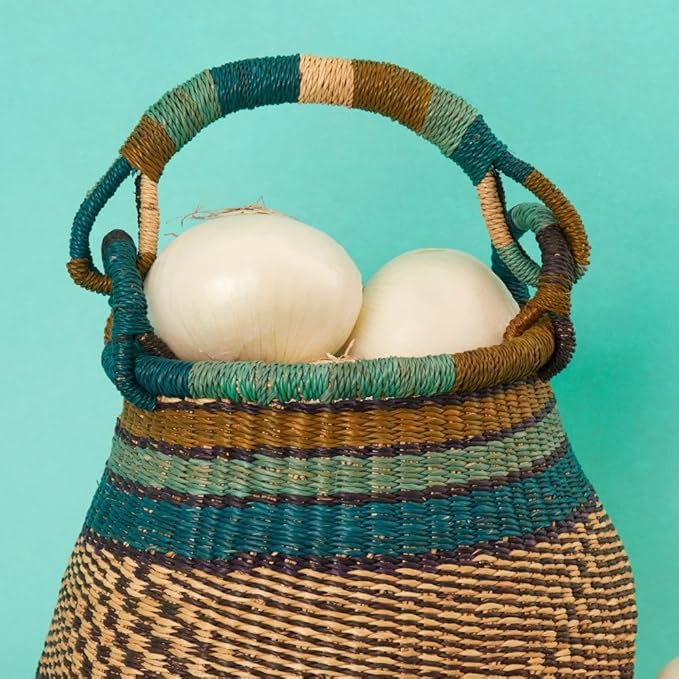 Kitchen Decor, Kitchen Storage, Fruit Basket, Wicker Basket, Woven, Shelf Decor, Decorative Basket, Harvestng Basket, Boho, African, Bolga, Pot Shape, 9" W, Small, Blue Green