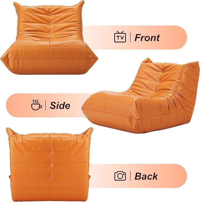 Hobestluk Giant Bean Bag Chair Lazy Floor Sofa, Fireside Sofa for Adults, Big Beanbag Faux Leather Armless Chair for Living Room Bedroom Dorm Office (Orange, Single)