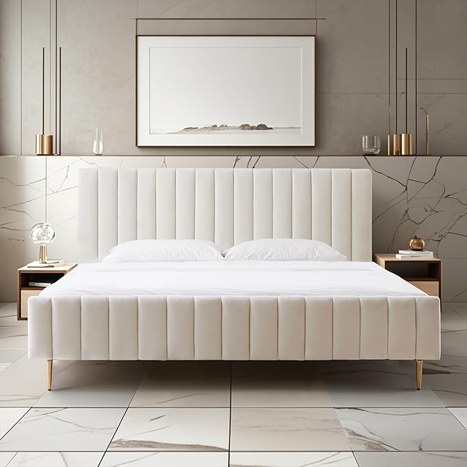 Livinia King Size Elton Velvet Platform Bed, Upholstered Bed Frame with Vertical Channel Tufted Headboard Footboard, Strong Wood Slats, No Box Spring Needed, Ivory (King)