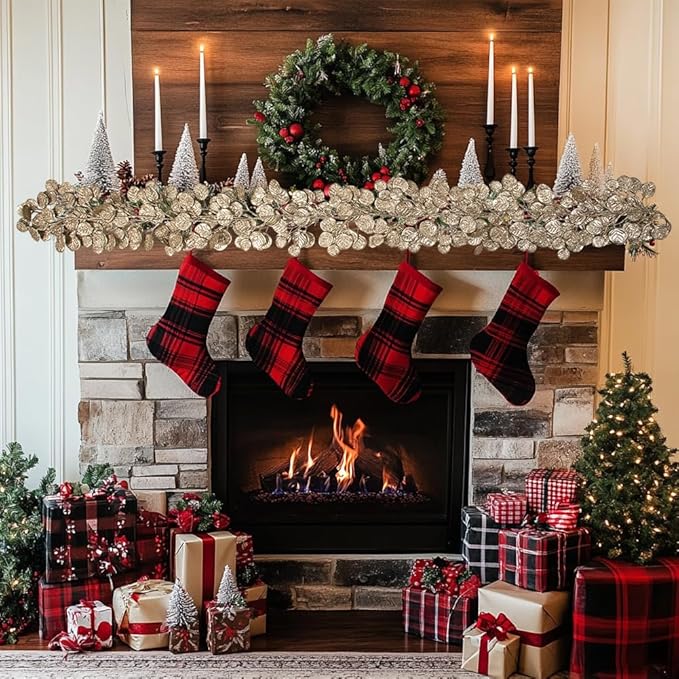 3 Pcs 6FT Christmas Garland Champagne Glittered Artificial Eucalyptus Leaves for Mantle Christmas Tree Decorations Indoor Outdoor Hanging Garland Ornaments Garden Door Window Stair Holiday Home Decor