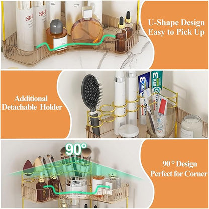 SUNZOS Corner Bathroom Counter Organizer, 2-Tier Countertop Makeup Organizer with Makeup Brush Holder for Dresser, Vanity Perfume Tray for Corner Storage