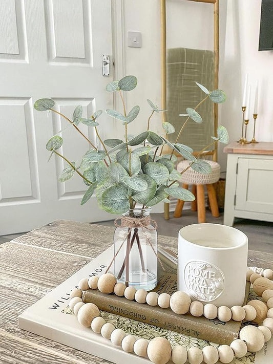 Artificial Eucalyptus Stems in Glass Vase with Faux Water, 13.5” Fake Plants for Home Decor Centerpieces, Office, Bathroom & Farmhouse Weddings - Faux Greenery Plants Decorations