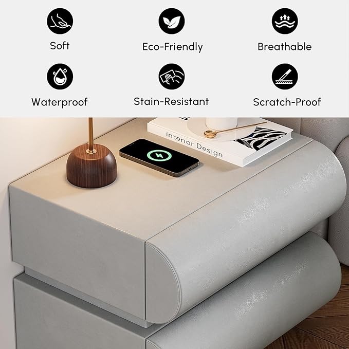 homary Smart Nightstand Modern Light Gray Leather Nightstands with Wireless Charger Bedside Table with 2 Drawers for Bedrooms Living Rooms Offices 19.7" W x 15.7" D x 15.7" H (Light Gray 2 Drawers)