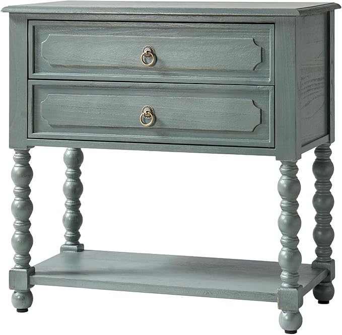 HULALA HOME Farmhouse Storage End Table with 2 Drawers and Open Shelf, Solid Wood Side Table with Spindle Legs, Nightstand with Charging Station (Blue)