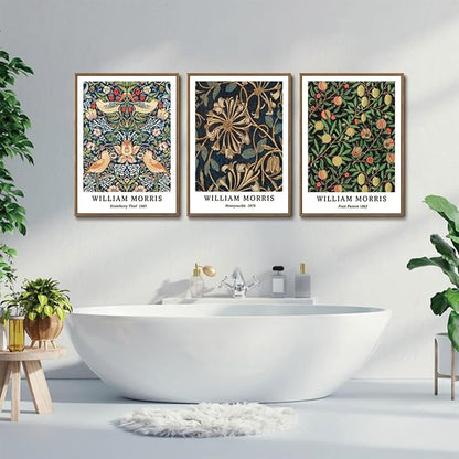 ILLBDR William Morris Framed Wall Art Vintage Botanical Canvas Wall Art Set of 3 Gold Strawberry Thief Prints Cotton Artwork Birds Pictures Decor for Bedroom Living Room 16x24 Inch