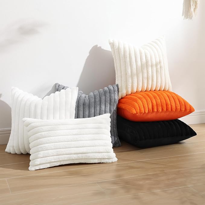 decorUhome Faux Fur Christmas Throw Pillow Covers 22x22 Set of 2, Decorative Soft Plush Striped Neutral Euro Pillow Covers with Velvet Back for Bed, Living Room Home Decor, White