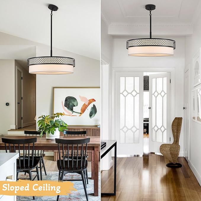 21.5" Drum Black Chandelier for Dining Room 5-Light Modern Farmhouse Chandeliers White Fabric Drum Pendant Light Fixture Large Hanging Lighting for Living Room Bedroom Kitchen Foyer Over Table, E26