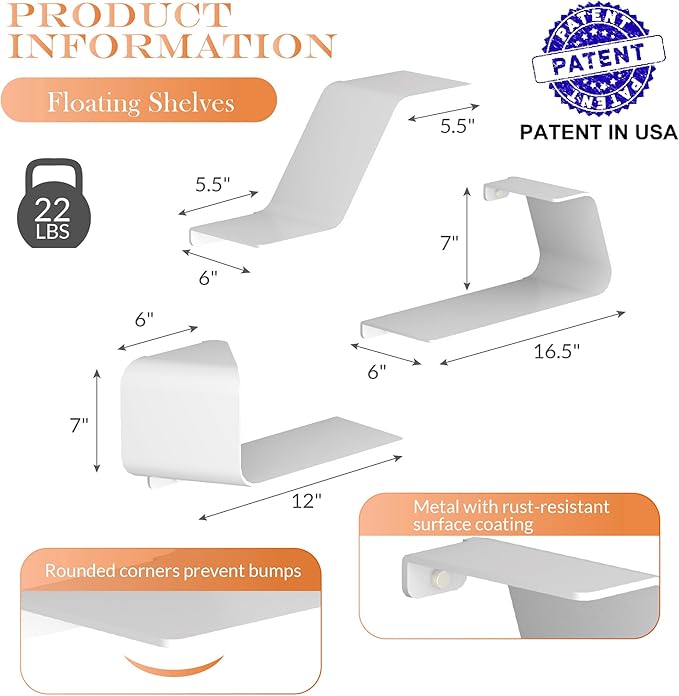 Floating Shelves - Set of 3 Wall Mounted Metal Shelves with Unique Design for Wall Storage, Book Shelf, Display Shelves for Bathroom, Bedroom, Kitchen, Living Room, White