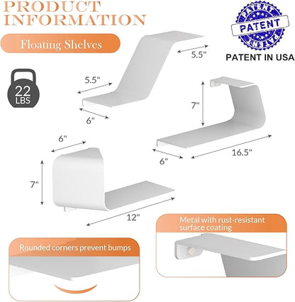 Floating Shelves - Set of 3 Wall Mounted Metal Shelves with Unique Design for Wall Storage, Book Shelf, Display Shelves for Bathroom, Bedroom, Kitchen, Living Room, White