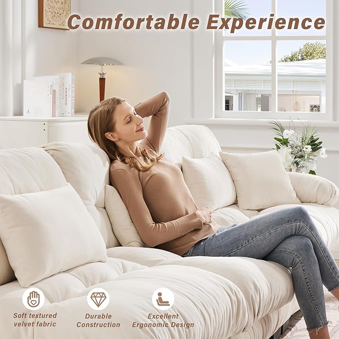 SoarFlash Modern Living Room Velvet Recliner Sofa, Loveseat Sofa for Apartment, Solid Wood Frame, Easy to Install (94.4 inch,White)