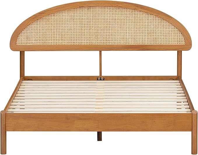 NTC Gem Wooden Bed Frame with Headboard and Natural Rattan, Solid Oak/Rubber Wood Foundation with Silent Slats, 1000 Lb Capacity, Effortless Assembly (Natural Cane - Rustic Oak, Queen)
