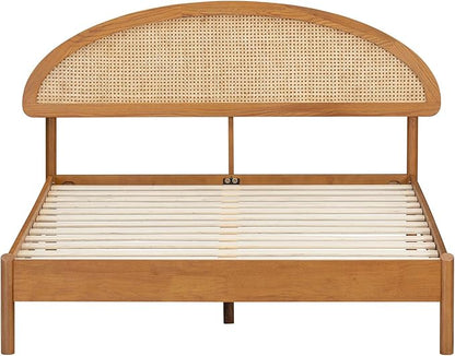 NTC Gem Wooden Bed Frame with Headboard and Natural Rattan, Solid Oak/Rubber Wood Foundation with Silent Slats, 1000 Lb Capacity, Effortless Assembly (Natural Cane - Rustic Oak, Queen)