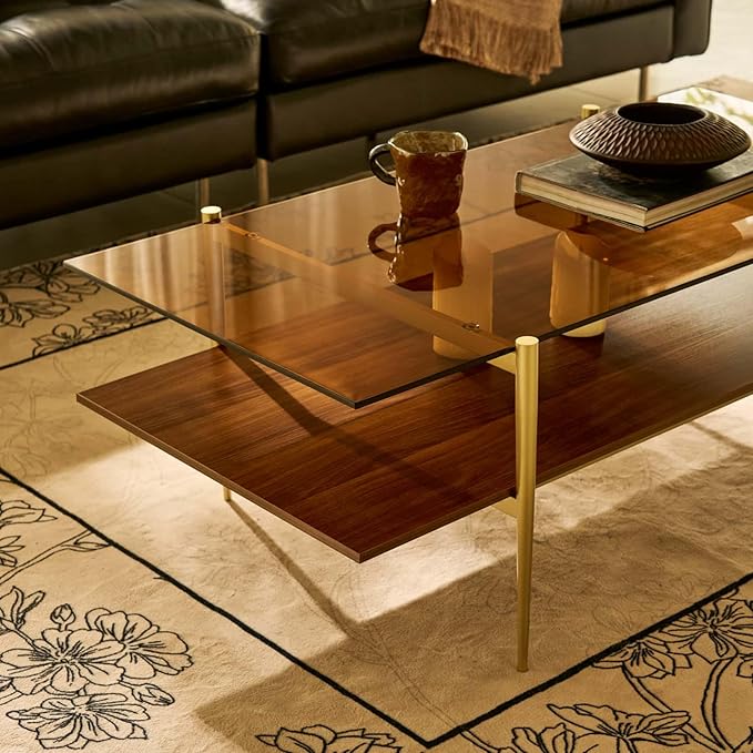 AGV LIGHTING Tadio Large Glass Coffee Table, Mid-Century Modern Coffee Table for Living Room, Gold Finish Leg, Coffee Brown Glass Top & Walnut Brown Shelf, 47 in
