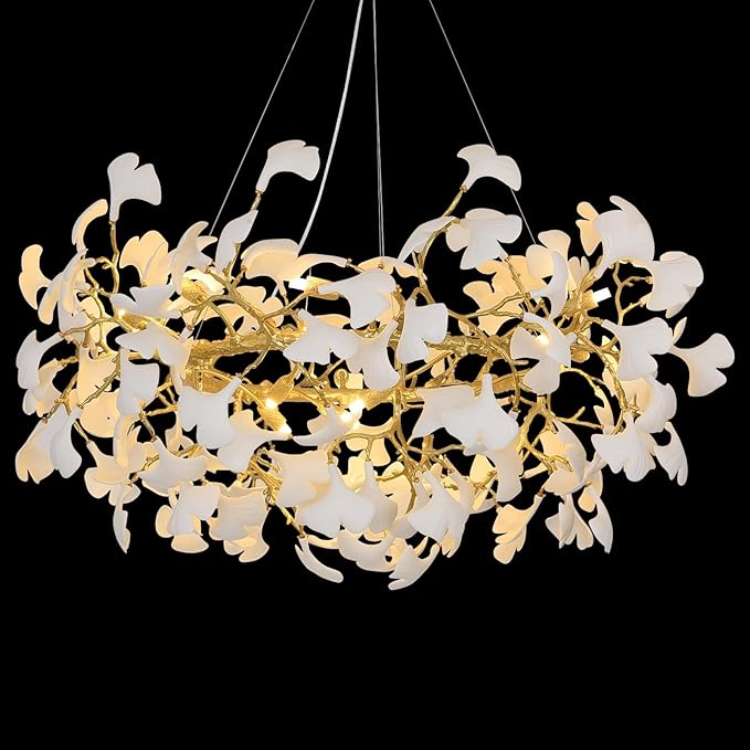 Modern Gold and White Tree Branches Chandeliers for Living Room, 48''Modern Rounde Ceramic Ginkgo Leaf Chandelier, Dining Room Chandelier Over Table, for Foyer, Bathroom, Bedroom